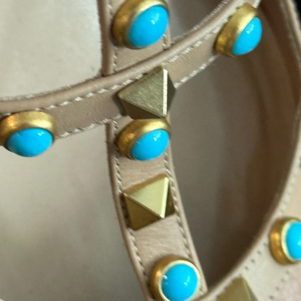 Valentino Rockstud beige pebbled leather with gold and turquoise studs. EUC.